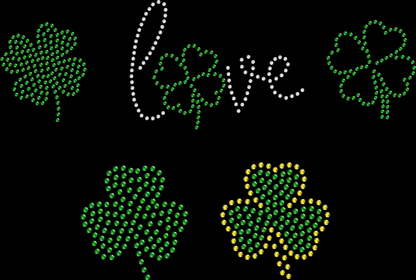 Set of 5 Assorted Sizes Irish Shamrock St. Patrick Love Clover Rhinestone Transfer Hotfix DIY Bling Iron On Applique Custom Choose Color