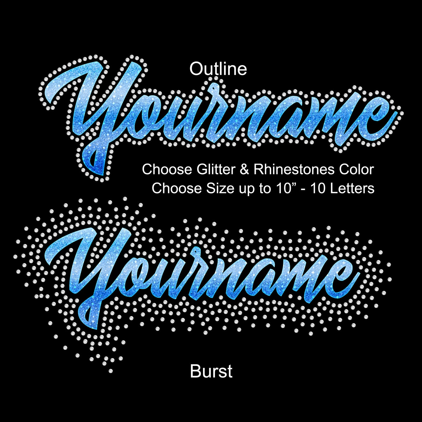 Your name Custom Personalized Rhinestone Hotfix Glitter Foil Transfer DIY Bling Iron On Applique Choose Colors Outline Burst up 10" Script