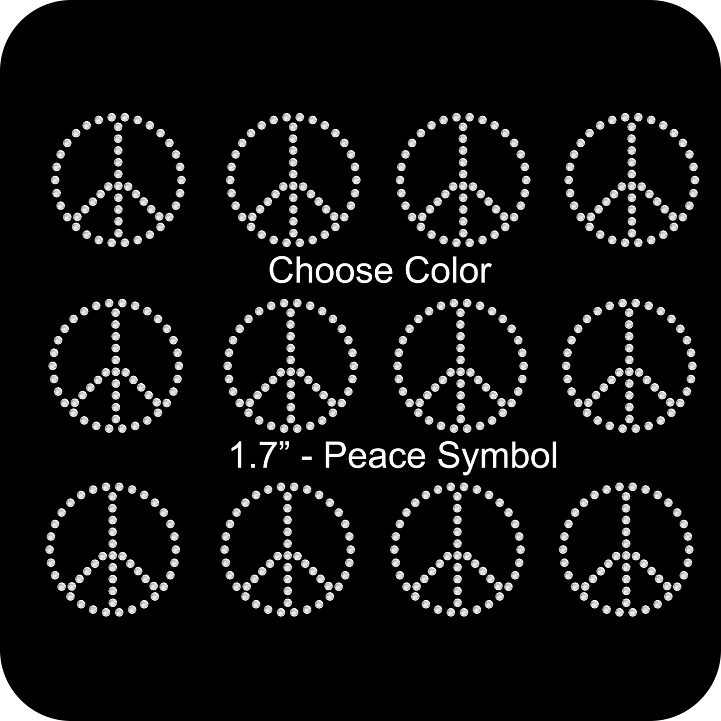 Set of 12 Peace Paz Symbol Rhinestone Transfer Hotfix DIY Bling Iron On Applique Custom Choose Colors Size 1.7" x 1.7"