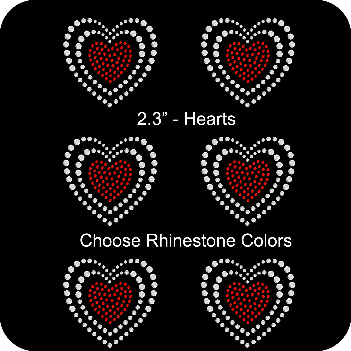 Sheet of 6 Hearts Two Tone Rhinestone Transfer Hotfix DIY Bling Iron On Applique Custom Choose Any Colors 2.3"