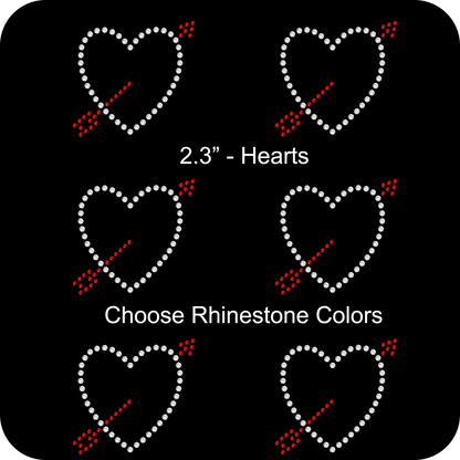 Sheet of 6 Hearts Cupid Arrow Two Tone Rhinestone Transfer Hotfix DIY Bling Iron On Applique Custom Choose Any Colors 2.3" Size