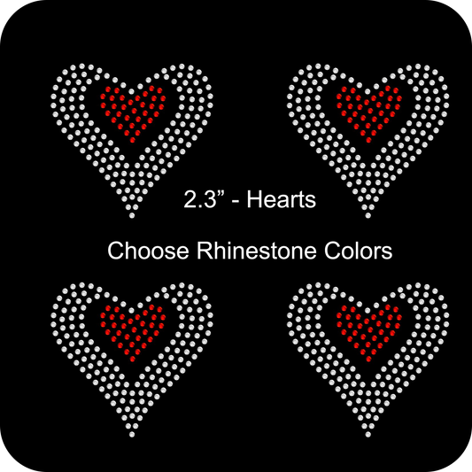 Sheet of 4 Hearts Inside Two Tone Rhinestone Transfer Hotfix DIY Bling Iron On Applique Custom Choose Any Colors 2.3" Size