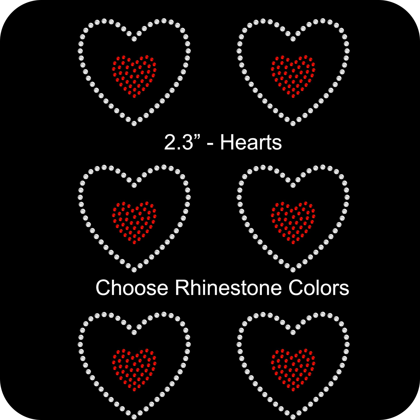 Sheet of 6 Hearts Two Tone Rhinestone Transfer Hotfix DIY Bling Iron On Applique Custom Choose Any Colors 2.3"