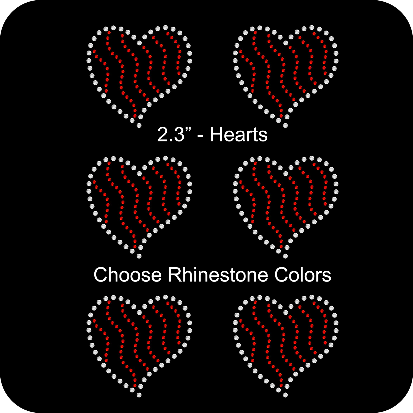 Sheet of 6 Hearts Stripes Two Tone Rhinestone Transfer Hotfix DIY Bling Iron On Applique Custom Choose Any Colors 2.3" Size