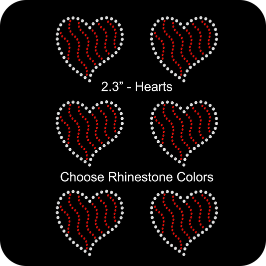 Sheet of 6 Hearts Stripes Two Tone Rhinestone Transfer Hotfix DIY Bling Iron On Applique Custom Choose Any Colors 2.3" Size