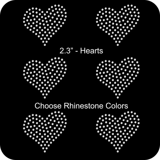 Set of 6 Hearts Curvy Rhinestone Transfer Hotfix DIY Bling Iron On Applique Custom Choose Colors Size 2.3"