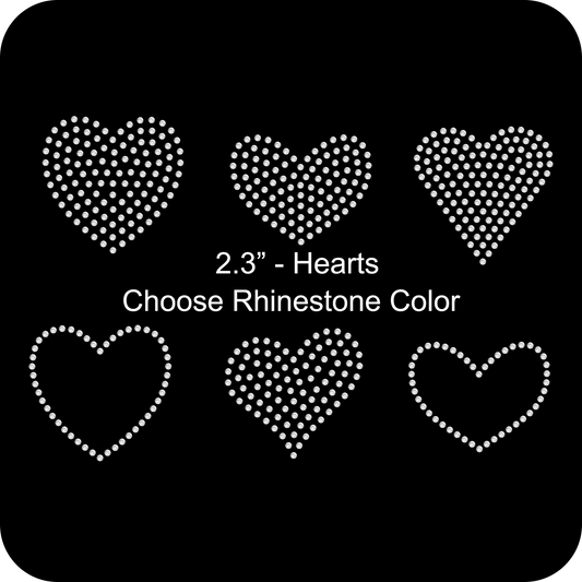 Set of 6 Assorted Hearts Outline Filled Rhinestone Transfer Hotfix DIY Bling Iron On Applique Custom Choose Colors Size 2.3"