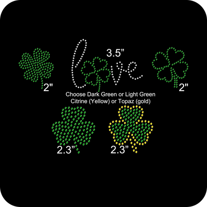 Set of 5 Assorted Sizes Irish Shamrock St. Patrick Love Clover Rhinestone Transfer Hotfix DIY Bling Iron On Applique Custom Choose Color