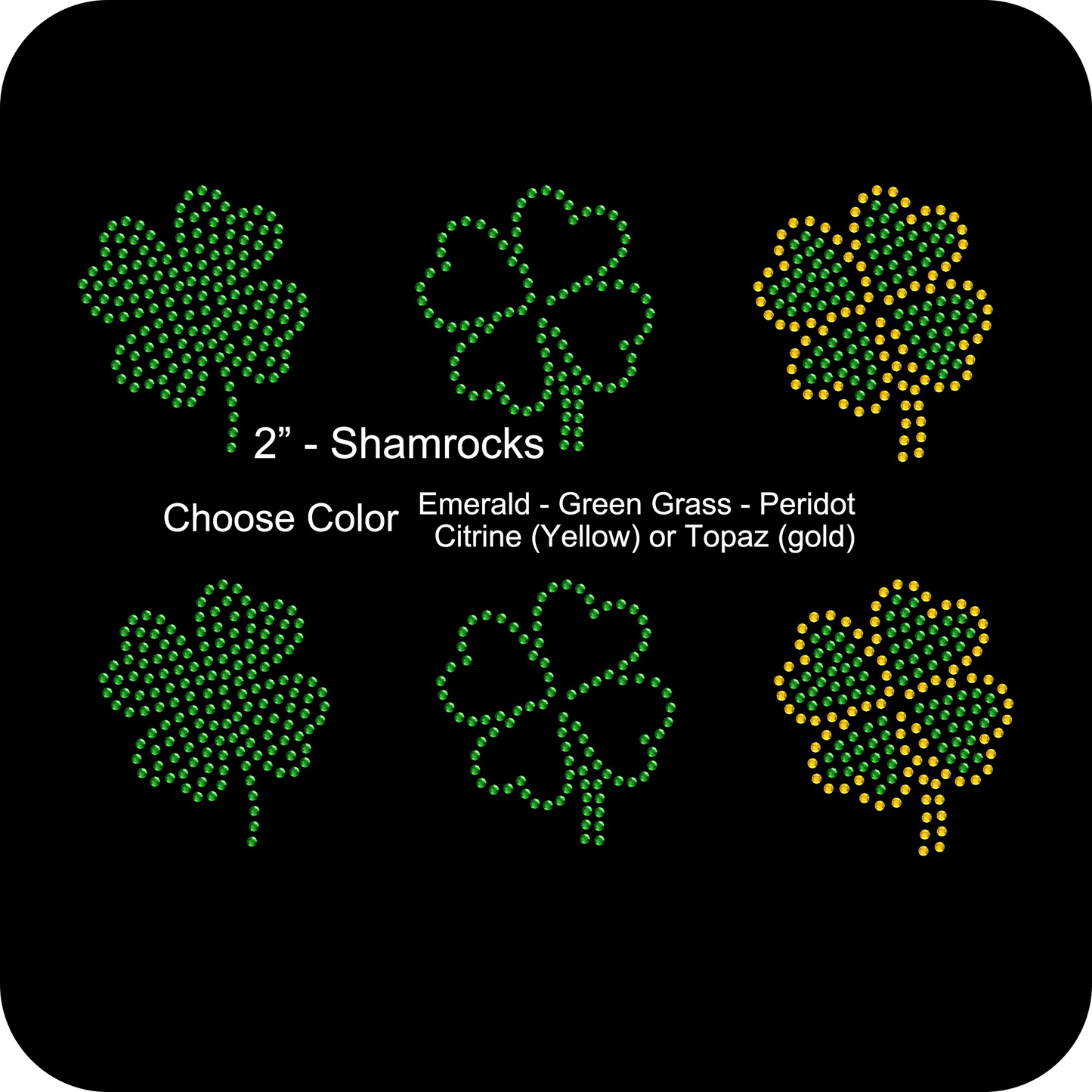 Set of 6 Irish 2" Inches Green Gold Shamrock St. Patrick Love Clover Rhinestone Transfer Hotfix DIY Bling Iron On Applique Choose Color