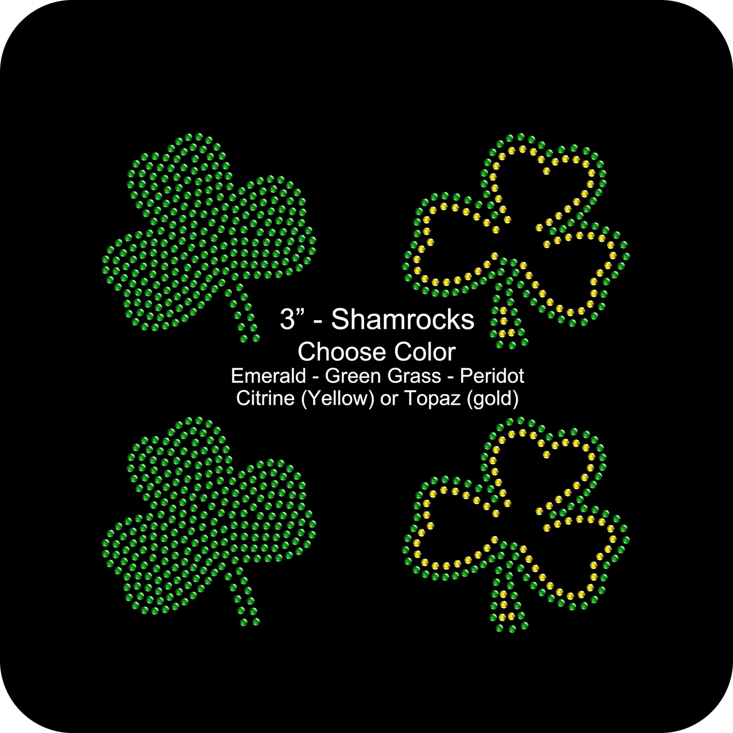 Set of 4 Irish 3" Inches Green Gold Shamrock St. Patrick Love Clover Rhinestone Transfer Hotfix DIY Bling Iron On Applique Choose Color