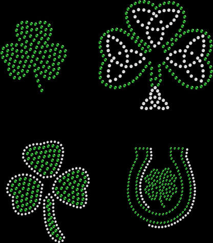 Set of 5 Irish Shamrock Luck St. Patrick Love Clover Rhinestone Transfer Hotfix DIY Bling Iron On Applique Choose Custom Color