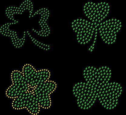 Set of 4 Irish 2.5" Inches Assorted Green Gold Shamrock St. Patrick Love Clover Rhinestone Transfer Hotfix DIY Bling Iron On Applique Color