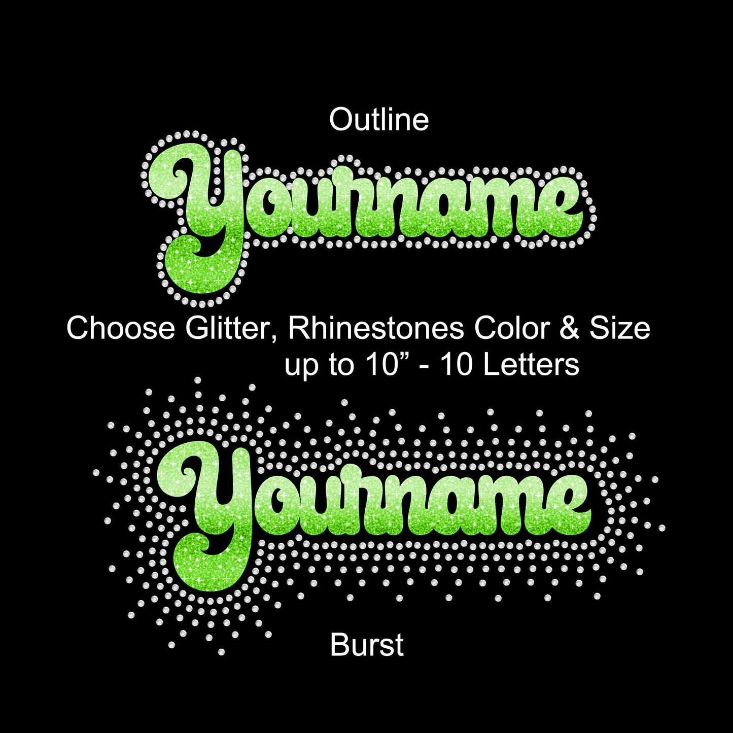 Custom Personalized Rhinestone Hotfix Glitter Foil Vinyl Transfer DIY Bling Iron On Applique Choose Colors Size Outline Burst up 10" Round